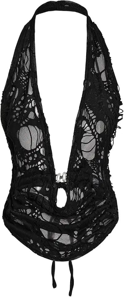 MakeMeChic Women's Y2K Ripped Halter Top Backless Rave Concert Outfits
