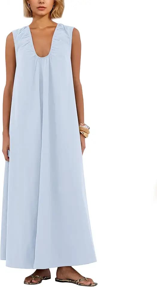 Women Sleeveless Ruched Maxi Dress Scoop Neck Long Elegant Dresses Wide Shoulder Strap Blouse Dress with Side Pockets