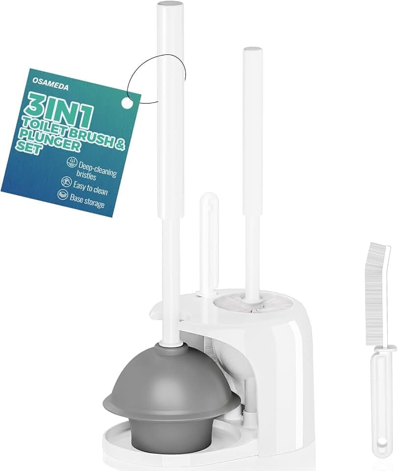 3in1 Toilet Brush and Plunger Set with Slim Crevice Tool and Holder