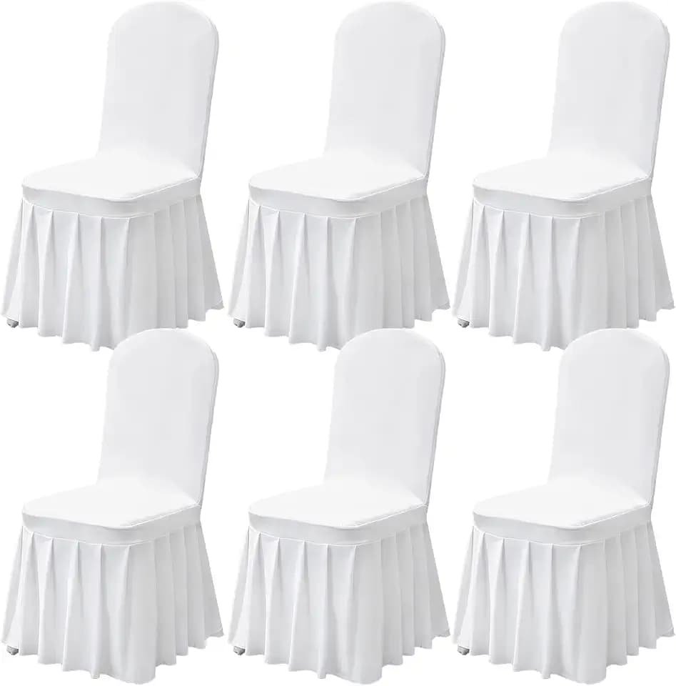 Stuhlhussen Weiß, 6 Stück Universeller Stretch Stuhlbezug, Abnehmbarer Elasthan Spandex Stuhlbezüge mit Rock, Waschbarer Hussen für Stühle, Elastisch Stuhlschutz Stuhlbezug für Hochzeit, Party, Hotel