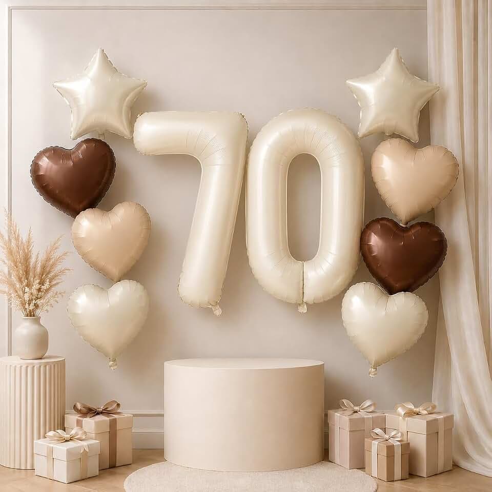 70th Birthday Balloons Set, Nude Brown Sand White Neutral Heart Balloon Decor, Cream Beige Tan Foil Number 70 Balloon Star Balloon for Women Men Birthday Anniversary Party Boho Decoration Supplies