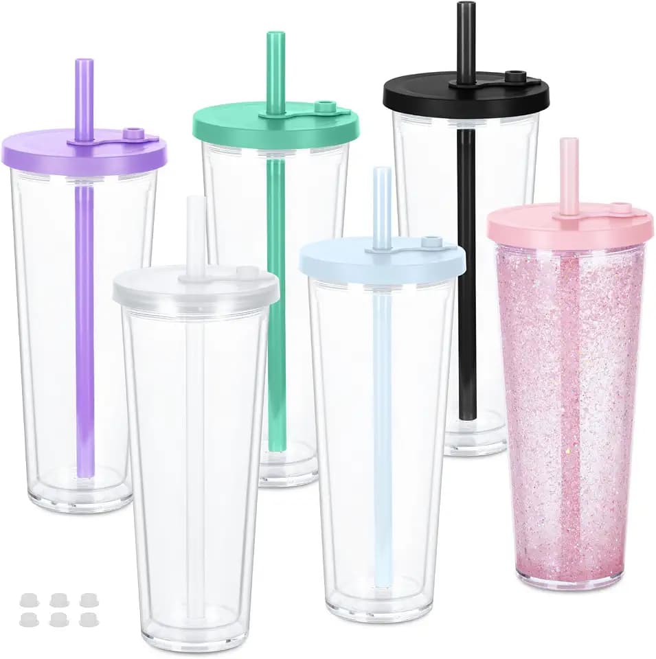 6 Pack 24Oz Snow Globe Tumblers, Double Wall Acrylic Pre Drilled Snow Globe Cup with Hole Stopper for Snowglobe Glitter DIY, Plastic Snowglobe Tumbler, Colorful Lids