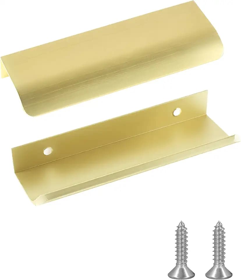 JOOJA 10 Pack Modern Style Finger Edge Pull Furniture DrawerHandles Hidden Cabinet Kitchen Drawer Handles Knobs, Brushed Brass 120(96) mm
