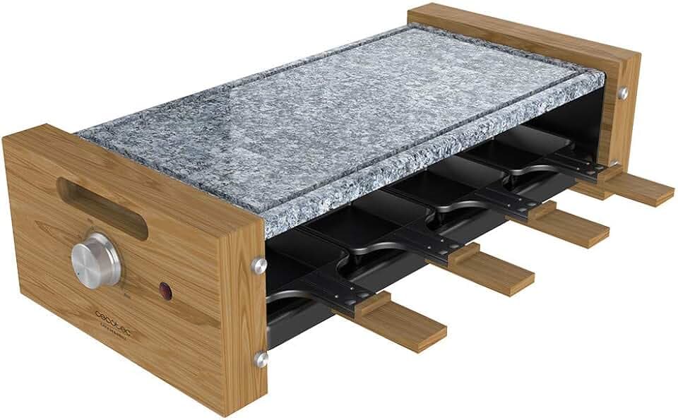 Cecotec Raclette Cheese&Grill 16000 Inox MixGrill, 8 Personen, 1400 W Grill, einstellbares Thermostat, 2 Aluminiumgrillplatten 20 x 22 cm und Naturstein 20 x 22 cm, inklusive 8 Pfannen und 8 Spatel.
