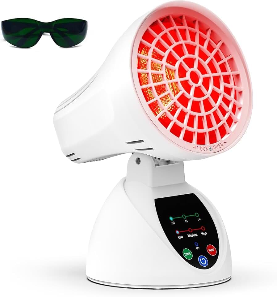 Rotlichtlampe 150W, Infrarotlampe mit 3 Temperaturstufen, 30/45/60 Min Timer, Winkelverstellbar, Kippschutz mit Automatischer Abschaltung für Büro & Zuhause