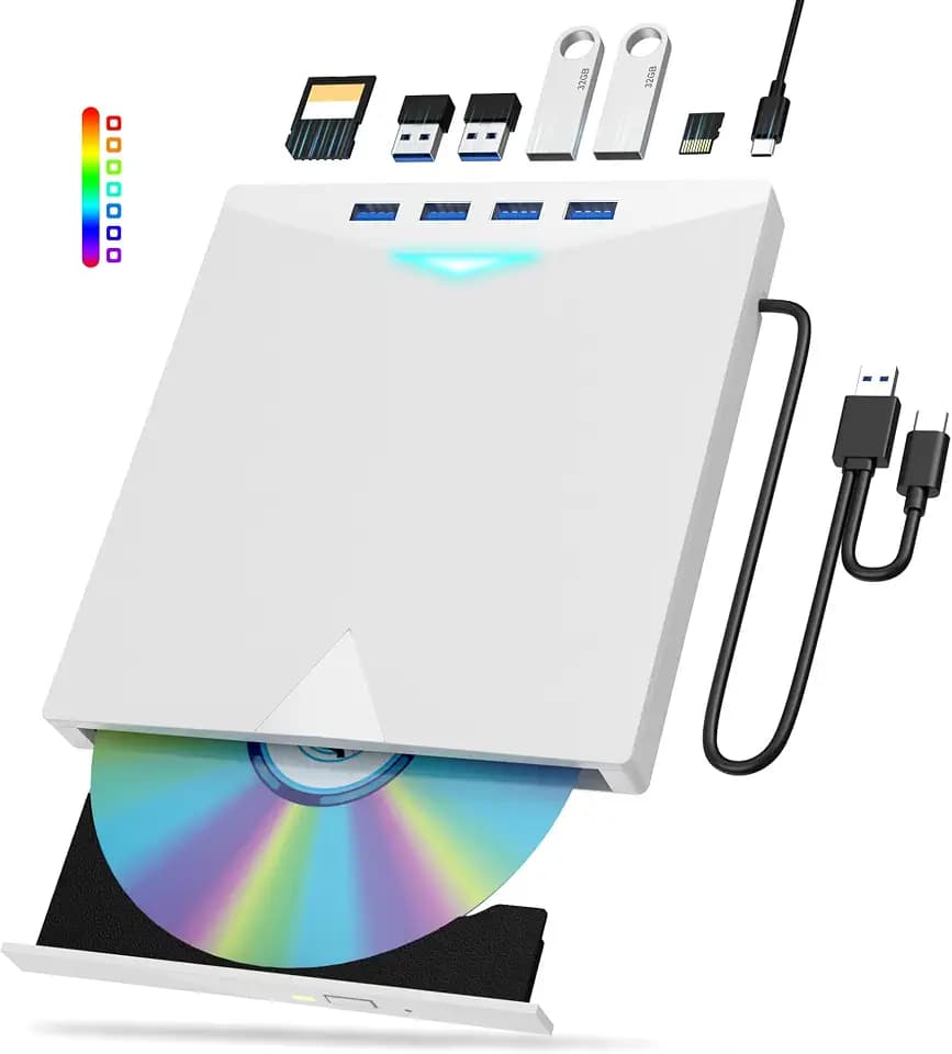 External CD/DVD Drive for Laptop PC,8 IN 1 LED CD Reader for Laptop CD Burner CD ROM DVD-/+RW Writer Reader with TF/SD Card Slots,USB 3.0 DVD Drive External,Compatible with Mac,Windows 11/10/8/7,Linux