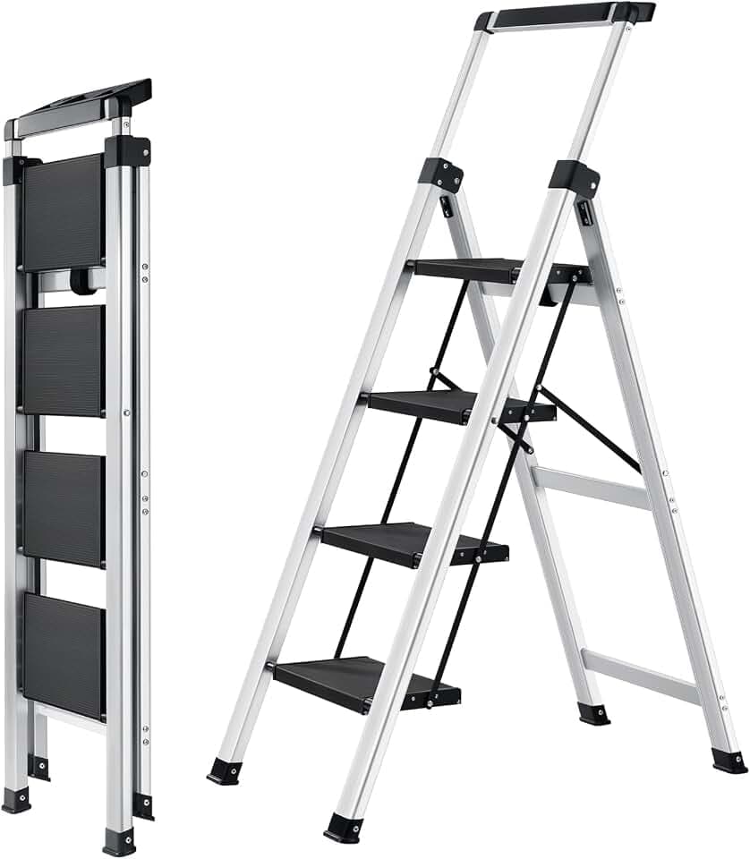 XinSunho 4 Step Ladder Folding Aluminum Stool Retractable Handrail