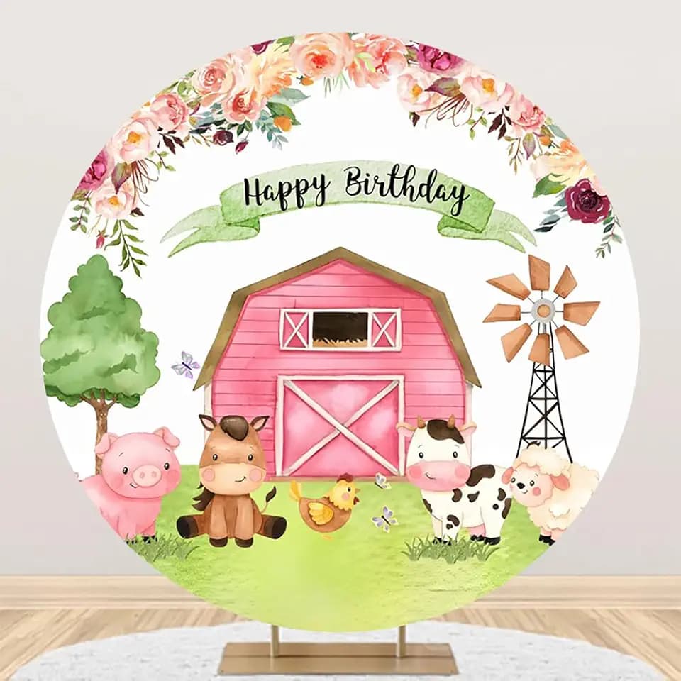 AOFOTO 6.5x6.5ft Cartoon Farm Animals Happy Birthday Theme Round Backdrop Cover Farmhouse Red Barn Door Barnyard Scenic Polyester Circle Background for Kids Birthday Baby Shower Party Photoshoot Props