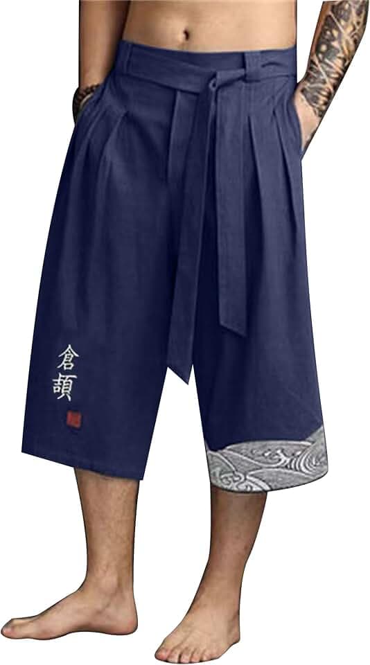 YAOBAOLE Japanische Herrenhose, kurze Taro-Hose aus Leinen, traditionelle japanische Kleidung mit Kordelzug