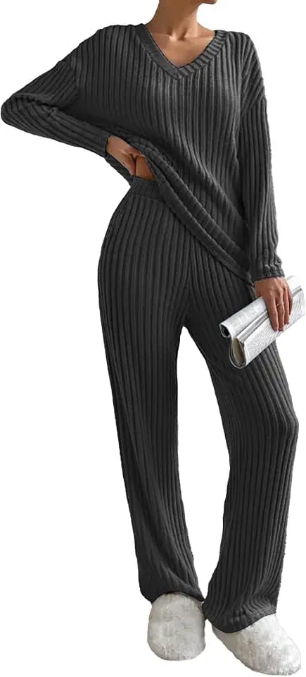 Famulily Schlafanzüge für Damen Langarm V-Ausschnitt Loungewear Hausanzug Weites Bein Schlafanzug Zweiteiler Set Outfit mit Taschen