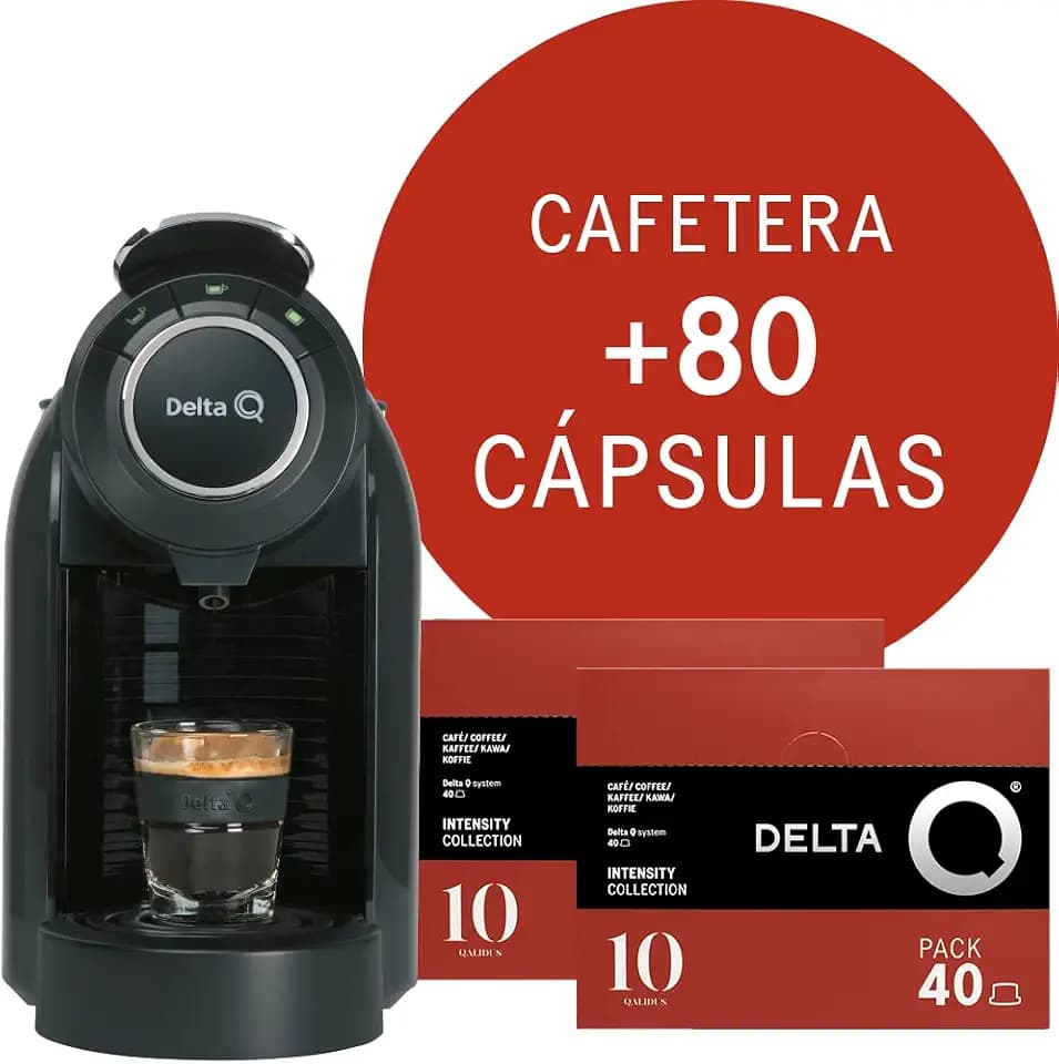 Delta Q Qool Evolution Kaffeekapselmaschine, Schwarz, 19 bar, Fassungsvermögen 1 l, inklusive 2 Packungen mit 40 Qalidus-Kaffeekapseln der Stärke 10
