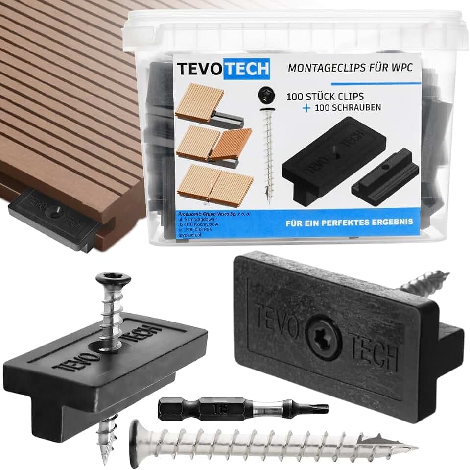 100 Stück WPC Dielen Clips, 6 mm Befestigungsclips aus Kunststoff für WPC Terrassendielen, verdeckte T-Clip-Befestigung + Edelstahlschrauben + Bit, Set für terrasenboden