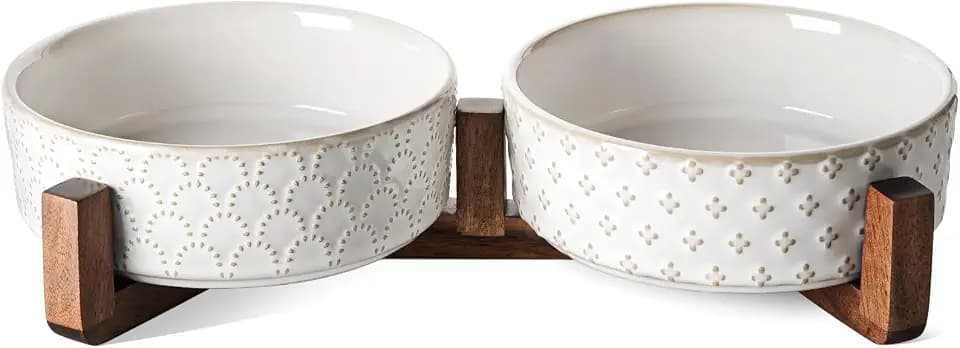 LE TAUCI Keramik Hundenapf-Set, Akazienholzstaender, 430 ml, 14 cm, Weiss
