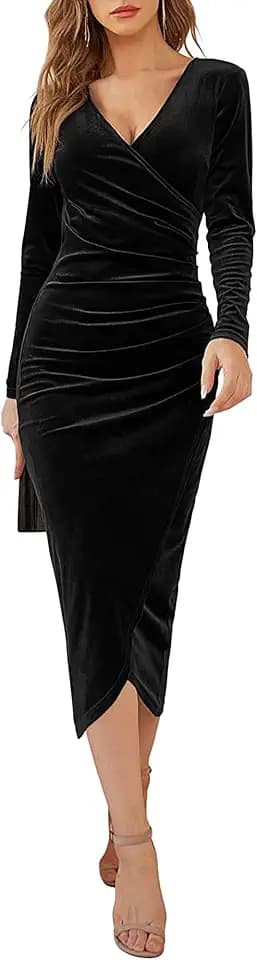 Yutdeng Winterkleid Damen Elegant Samtkleid Lang Abendkleid V-Ausschnitt Partykleid Bodycon Cocktailkleid Lange Ärmel Wickelkleid Festlich Kleid Samt Maxikleid Silvester Kleid für Herbst Winter