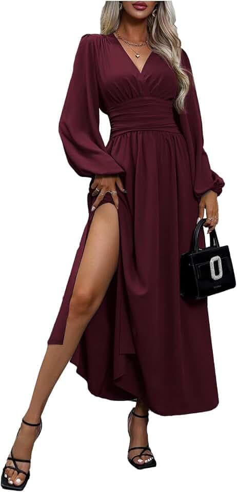 Damen Maxi Kleid V-Ausschnitt Langarm Hohe Taille Schlitz Langes Kleid