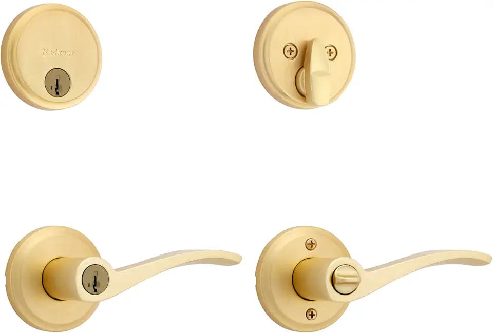 Kwikset Sedona Front Door Lock Handle and Deadbolt Combo Set, Satin Brass, Pick Resistant SmartKey Rekey Deadbolt Security, with Microban Protection