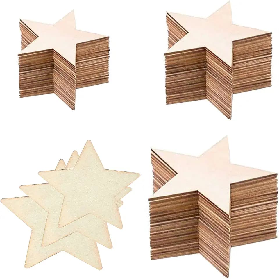 Holzsterne,Liuer 100PCS Natürliche Holz Stern Verzierungen Holzscheiben Baumscheiben Naturholzscheiben Holzsterne zum Basteln Dekorieren Stern Baumschmuck für Weihnachts Deko Tischdeko (5cm/8cm/10cm)