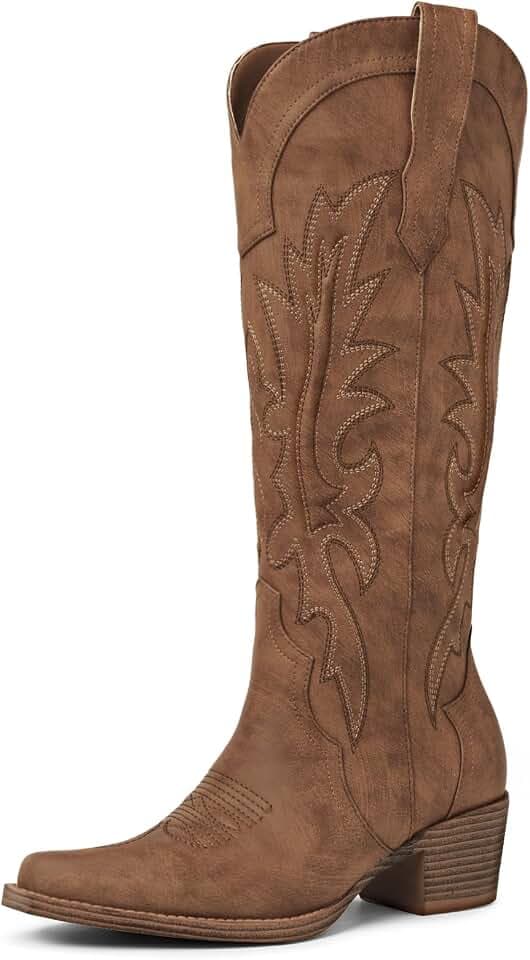 Women's Knee High Cowboy Boots with Chunky Heel Pointed Toe Western Boots
