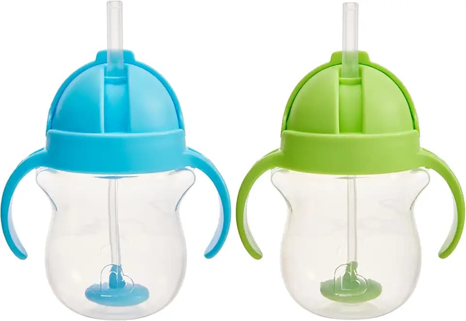 Munchkin Any Angle Sippy Cups for Toddlers, Spill Proof Weighted Straw Cup with Transition Handles for Babies 6 Months and Up, 2 Pack, Blue/Green