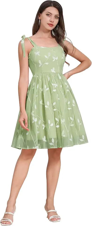 Odizli Rockabilly Kleider Damen 50er Jahre Vintage Elegant Sommer Spaghettiträger Blatt Stickerei Mesh Swing A-Linie Tüllkleid Festlich Hochzeit Hochzeitsgast Coctailkleid Kurz Abendkleid Grün L