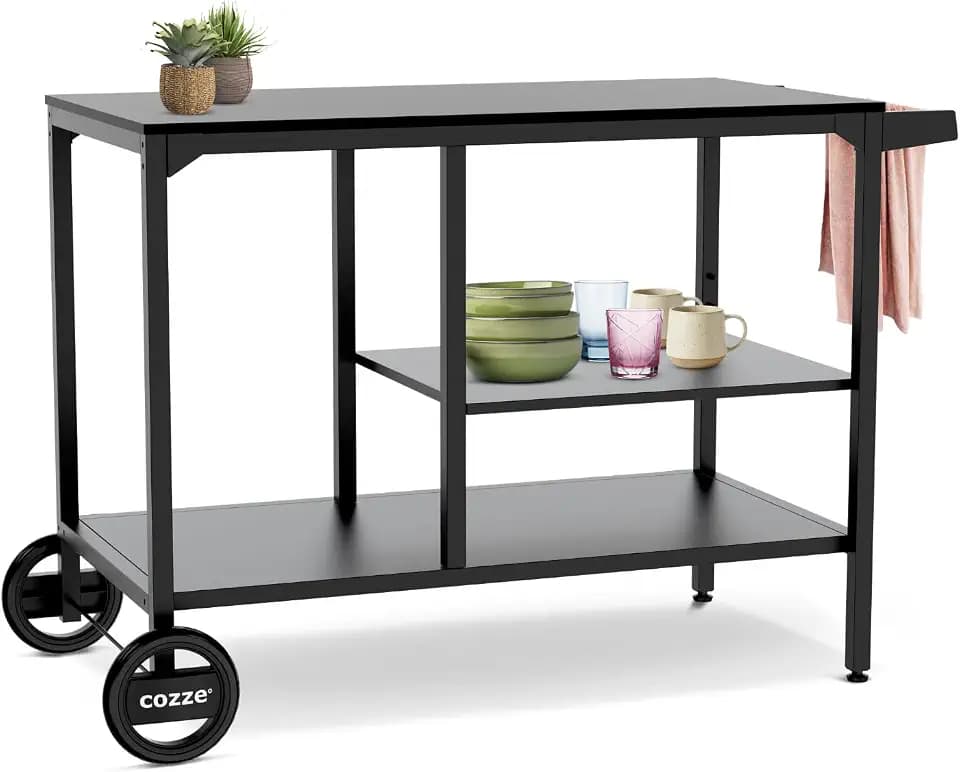 cozze BBQ Station & Outdoor Küche – Großer Grilltisch für Pizzaofen, Verstellbarer Regalboden (3 Höhen), 2 Räder, Stahl Schwarz, bis 100 kg - 90x115x60 cm