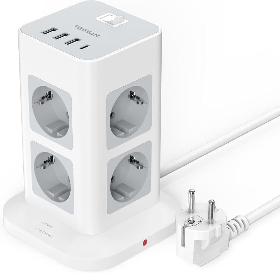 TESSAN Mehrfachsteckdose mit USB C, Verlängerungskabel 2M, Grau