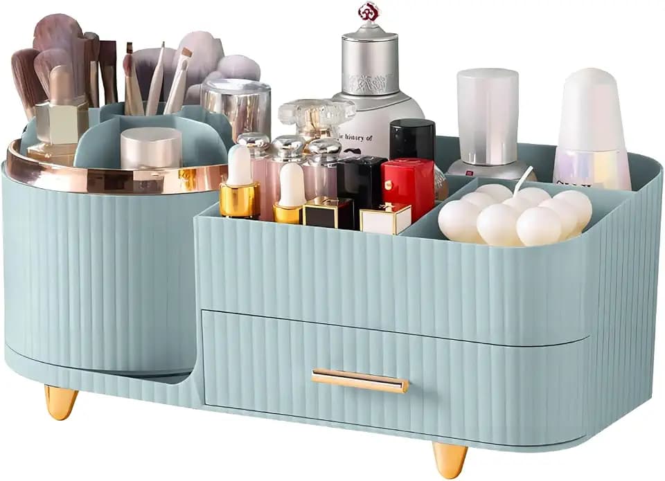 DASITON Make up Organizer 360° Drehbar, Make Up Pinselhalter Kosmetik Aufbewahrung mit Schubladen, Großer Schminktisch Organizer für Schlafzimmer, Badezimmer, Schmink und Skincare Organizers (Grün)