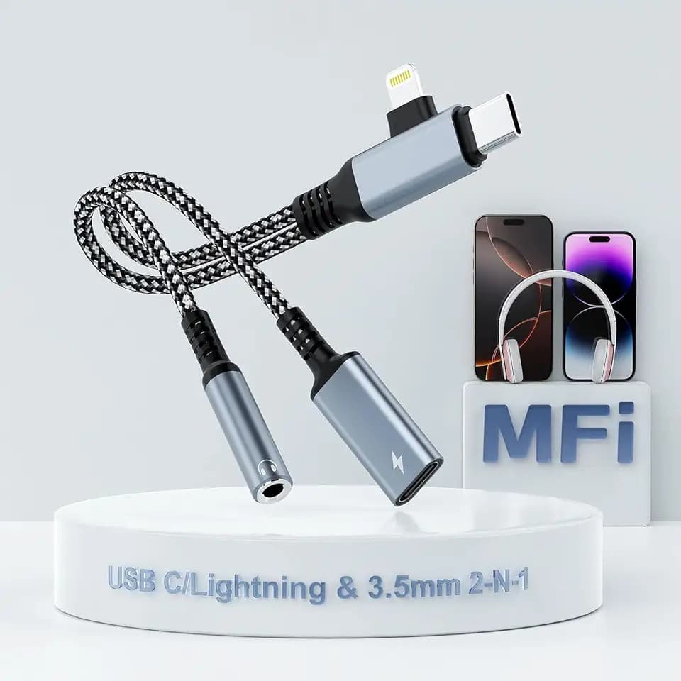 MTAKYI 2 in-2 Lightning USBC auf 3.5mm Kopfhörer- und Ladeadapter, [MFi Certified] USB C auf Aux Audio Jack mit PD 60W Schnelllade-Dongle, Kopfhöreradapter für iPhone 16/15 14/13, Galaxy, Pixel