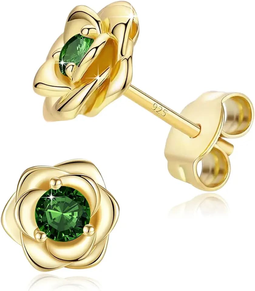 Rose Flower Crystal Stud Earrings For Women,Gold Plated Fashion Birthstone CZ Hypoallergenic & Nickel Free Jewelry