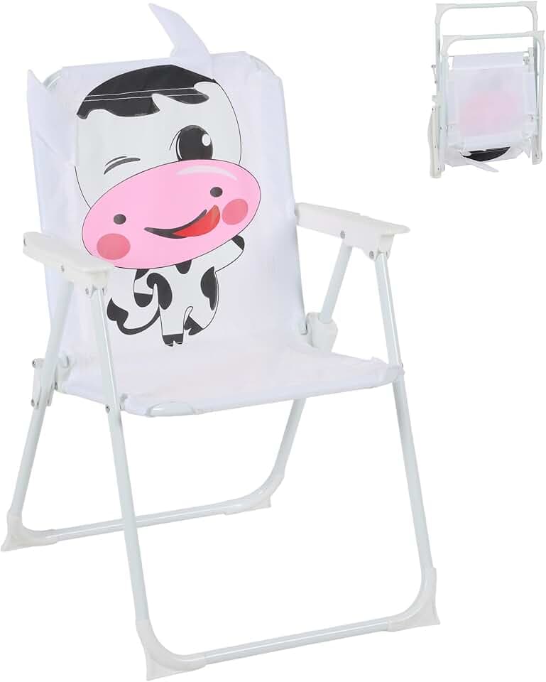 Relaxdays Kinder Klappstuhl, Campingstuhl mit Kuh-Motiv, HBT: 51,5x36x37,5 cm, Picknickstuhl Outdoor, Faltstuhl, bunt