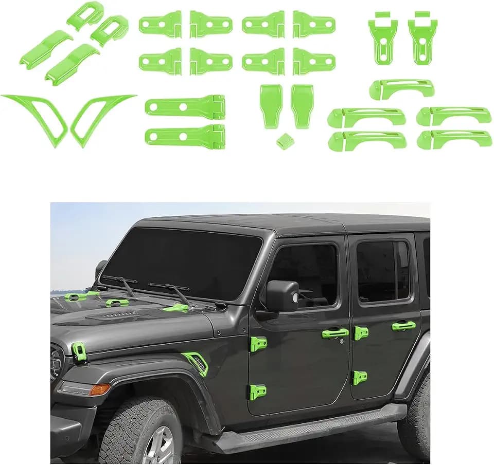 JWWY Complete Exterior Cover Trim Kit for 2018–2026 Jeep Wrangler JL JLU, Full Coverage Door Handle Hood Hinge Hood Latch Side Air Vent Rear Tailgate Window Hinge Covers, 43PCS Green
