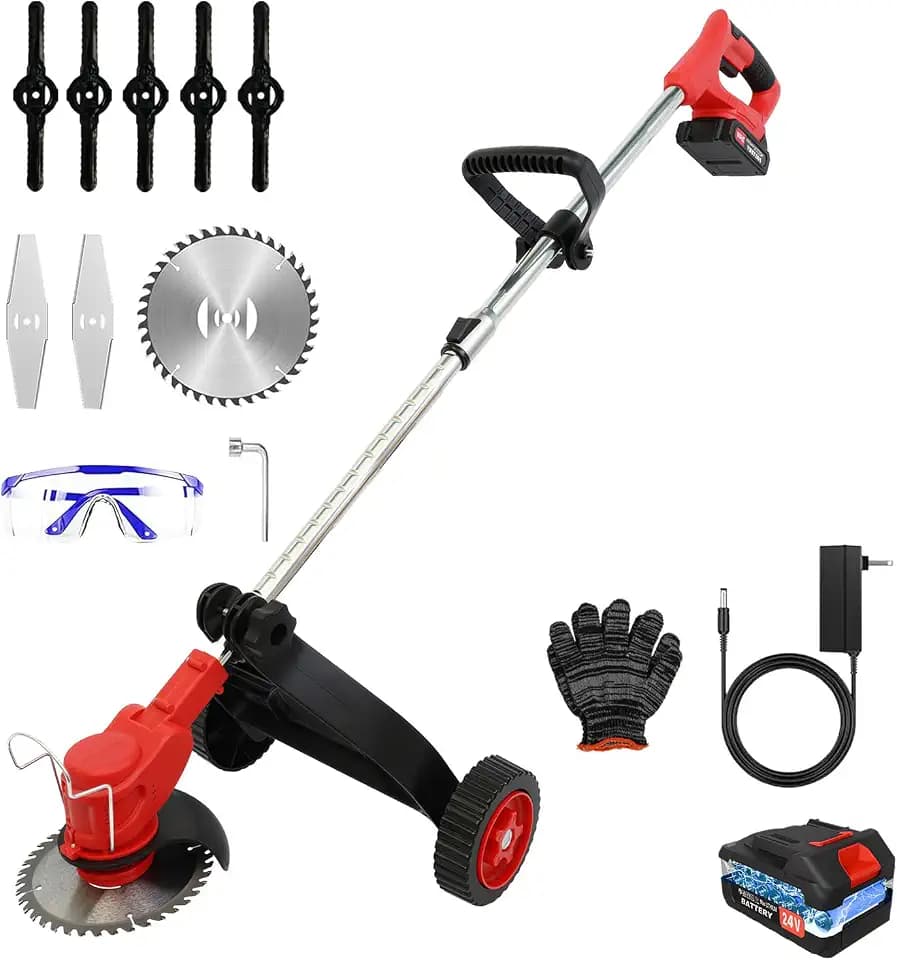 Toner Bank Electric Cordless Weed Trimmer and Edger, Red 21V, with one 5C 1.5Ah Lithium Battery and One US Charger, Ideal for Lawn Care and Garden Work