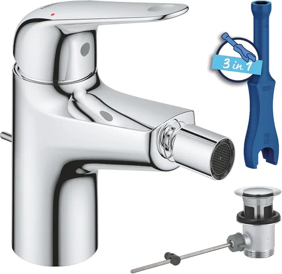 GROHE Swift, Bidetarmatur, wassersparend (WC Dusche für die Toilette im Bad, Kugelgelenk-Mousseur, mit Zugstangen-Ablauf, 15cm hoch, mit 3in1 Werkzeug, einfache Installation), chrom, 24332001