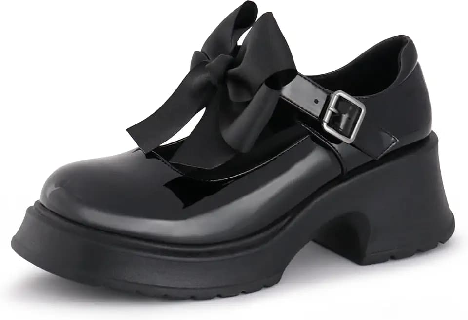 Women's Mary Janes Platform Chunky Block Heels Work Wedding Shoes Ankle Strap Gothic Lolita Oxfords Detachable Bow Classic Comfortable Uniform Dress Shoes
