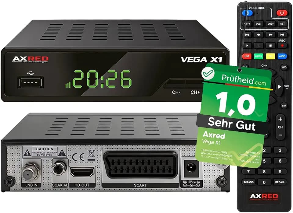 [ Test SEHR GUT, Note 1.0 *] AXRED Vega X1 HDTV Sat Receiver mit Aufnahmefunktion, HD fähig, Full HD, Digital Sat-Receiver für Satellitenschüssel Satelliten Satellit TV Fernseher, HD-Receiver, HDMI