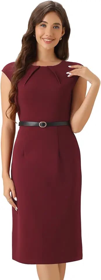 Allegra K Damen Bürokleid Ärmellos Rundhals Flügelärmeln Gürtel Elegant Etuikleid Kleid