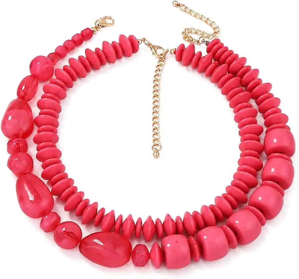 Bold Beaded Necklace, Oversized Layered Statement Necklace for Women (Red)