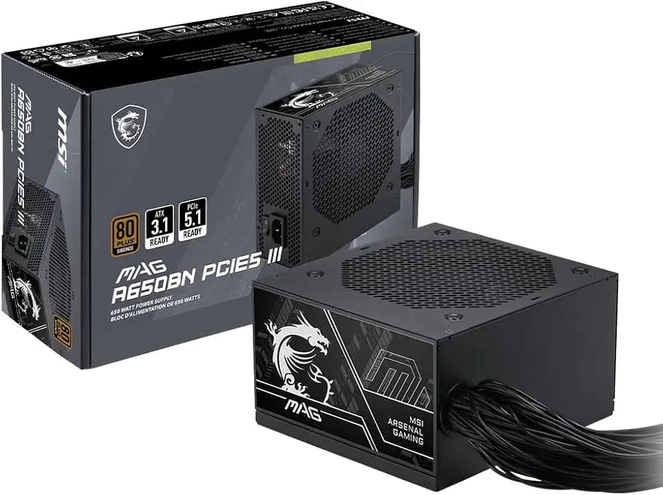 MSI MAG A650BN PCIE5 III, Non Modular Gaming 650W Power Supply, 80+ Bronze, Dual 12V-2x6 Cables, Server-Grade Capacitor, ATX 3.1 & PCIe 5.1 Ready, Low-Noise, Semi Digital, 5 Year Warranty