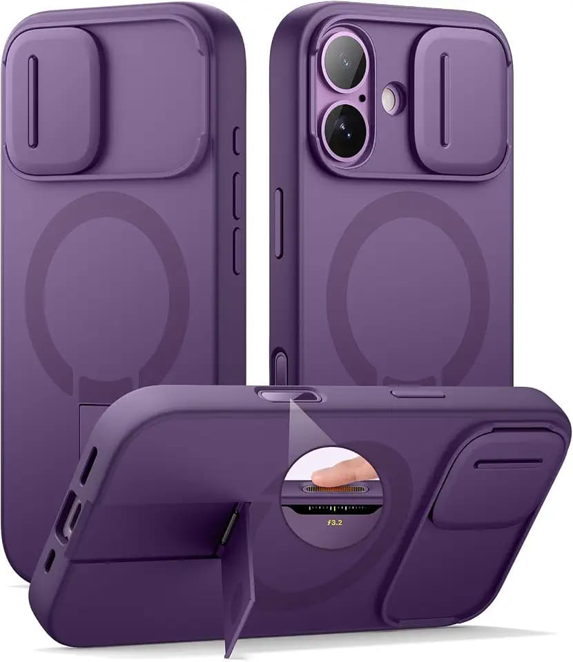 SURITCH for iPhone 17 Case with Camera Control Cover, Camera Slide Cover and Adjustable Kickstand, Compatible with MagSafe, Shockproof Bumper Protective Cases 6.3 Inch, Dark Purple