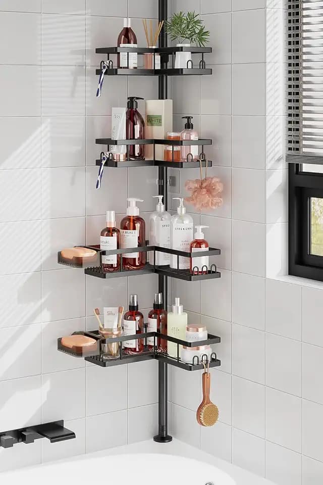 YASONIC Corner Shower Caddy Tension Pole, 25.7-109.1in Adjustable Shower Shelves, Rust-Resistant Shower Organizer, No-Drill 3-Step Installation, Bathroom Shelves for Renters & Family, Black