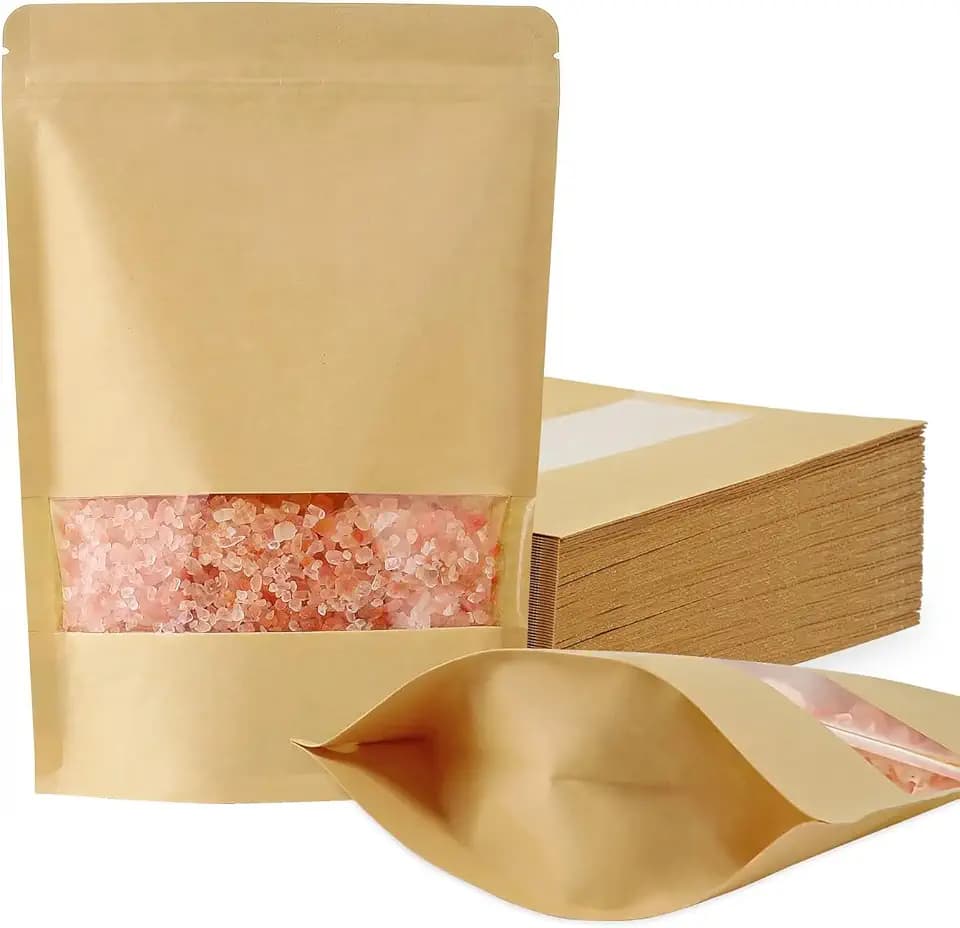FireKylin 100 Pcs Resealable Paper Bags, Clear Window, Brown, 5.5" x 7.9"