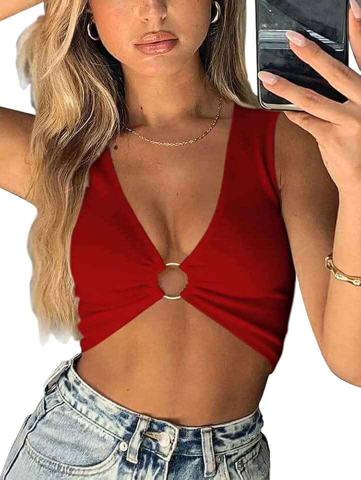 AEVZIV Sexy Crop Tops for Women Deep V Neck Ring Sleeveless Cute Tank Tops