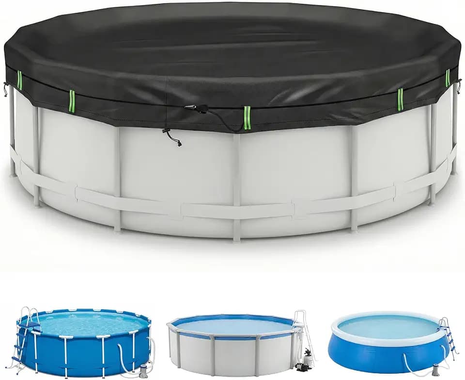 2026 Upgrade Round Pool Cover for Above Ground Pools-with Reflective Strip and Weight-Bearing Rings, Windproof & Tear Resistant, Cold/UV Resistant Leaf Protector (Black, 12FT)
