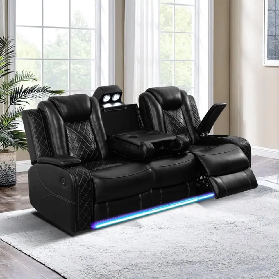 Electric Power Recliner Sofa Living Room Furniture, Comfy Home Theater Breathing Leather Seating with USB 2.0 Charging Ports, LED Light Strips, Fold-Down Table & Wireless charging device (Black)
