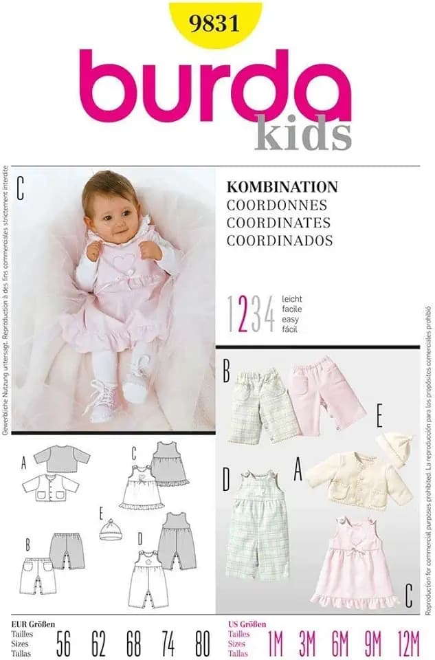 burda Schnittmuster Babys Kombination: Jacke, Hose, Kleid, Mütze 9831 Gr. 56-80
