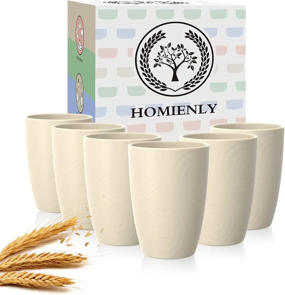 Homienly Unbreakable Drinking Glasses 16oz Wheat Straw Cups–6-Pack Reusable Stackable & Dishwasher Safe Cups for Kitchen-Beige