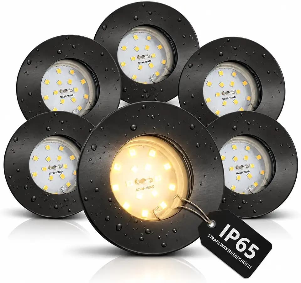 Trango 6er Set IP65 LED Einbaustrahler Anthrazit Matt 6729IP65-061MO inkl. 6x 5W LED Modul – 3000K Warmweiß – ultra flach 23 mm – direkt 230V – Bad Einbauspots für Dusche & Feuchträume