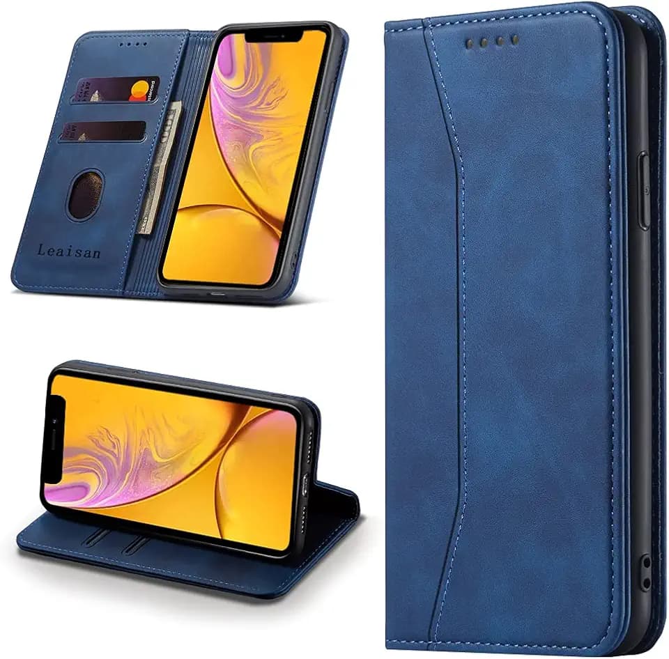 Leaisan Handyhülle für iPhone XR Hülle Premium Leder Flip Klappbare Stoßfeste Magnetische [Standfunktion] [Kartenfächern] Schutzhülle für iPhone XR Tasche - Blau