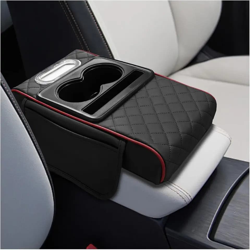 Leather Car Center Console Cover, Armrest Booster Cushion,BlackRed