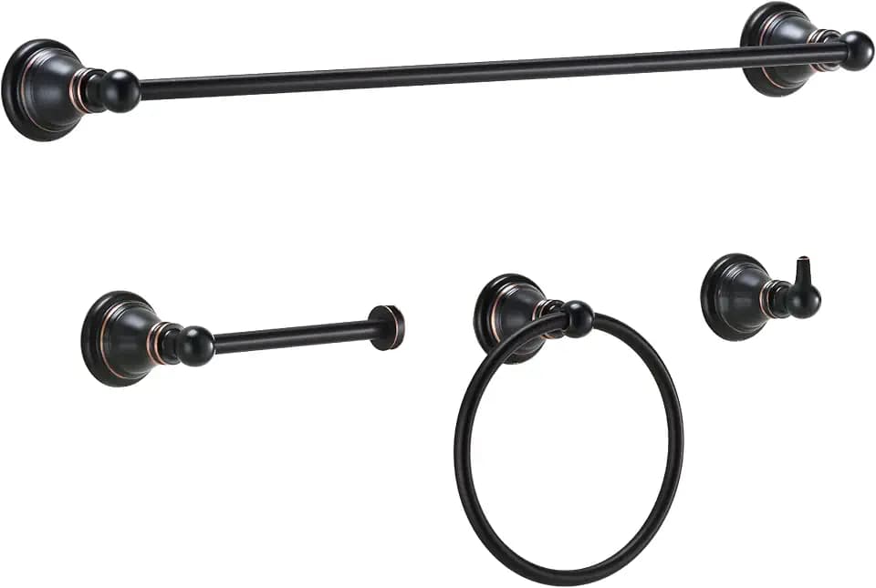 F-080-NB 4-piece Bathroom Hardware Accessory Set with 18 Inch Towel Bar -Towel Ring- Paper Holder-Robe Hook Oil Rubbed Bronze